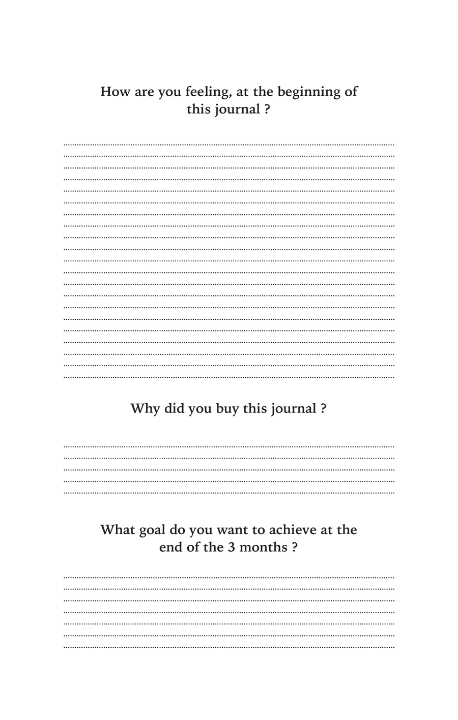 La page de départ : comment tu te sens, pourquoi tu as acheté ce journal, quel objectif tu vises.